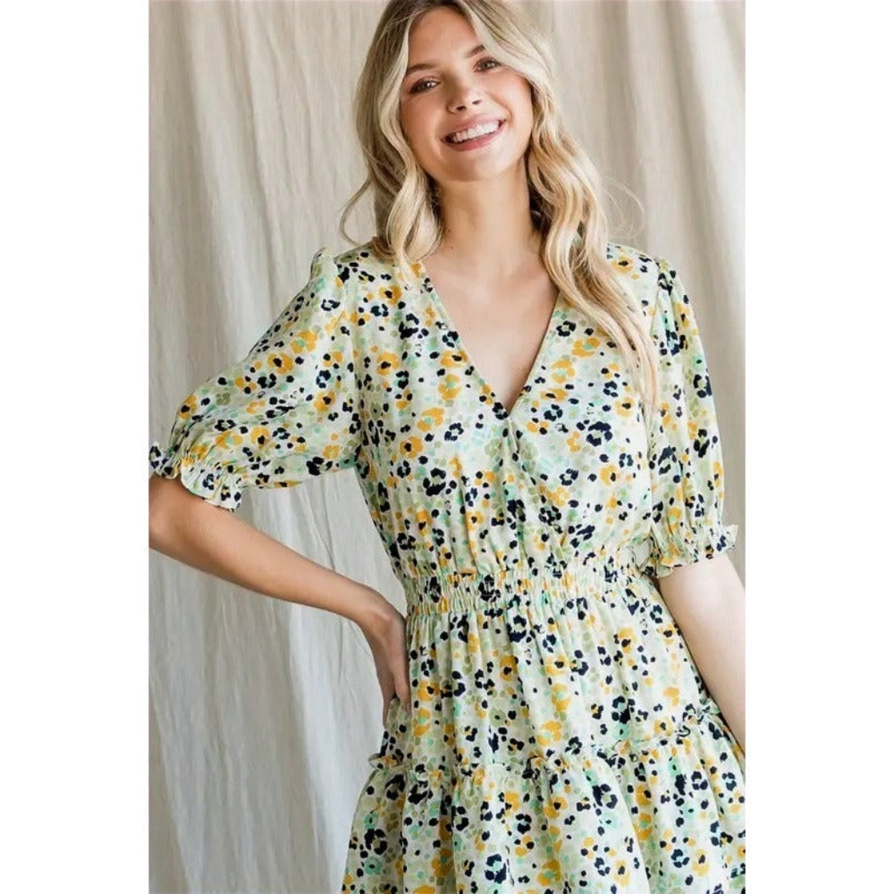 New JODIFIL Green Print Bubble Sleeve Dress